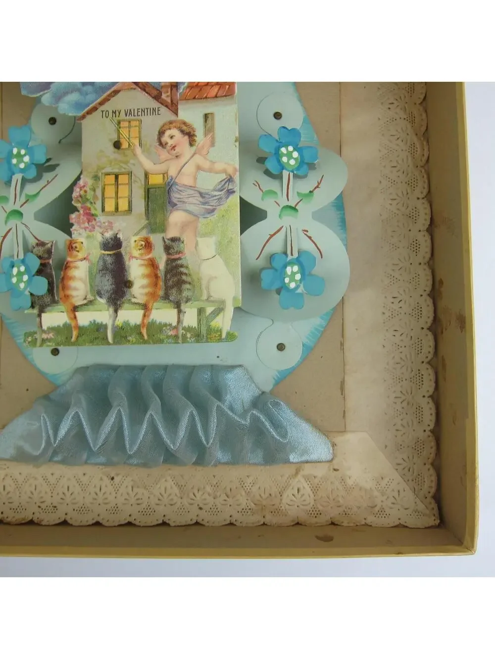Antique Valentine 3D Cupid Cats Butterfly Moon Blue Fabric Large Store Box RARE
